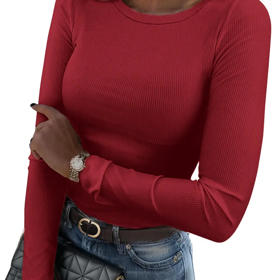 Langarmshirt Damen Basic Slim Fit T-Shirt Oberteil