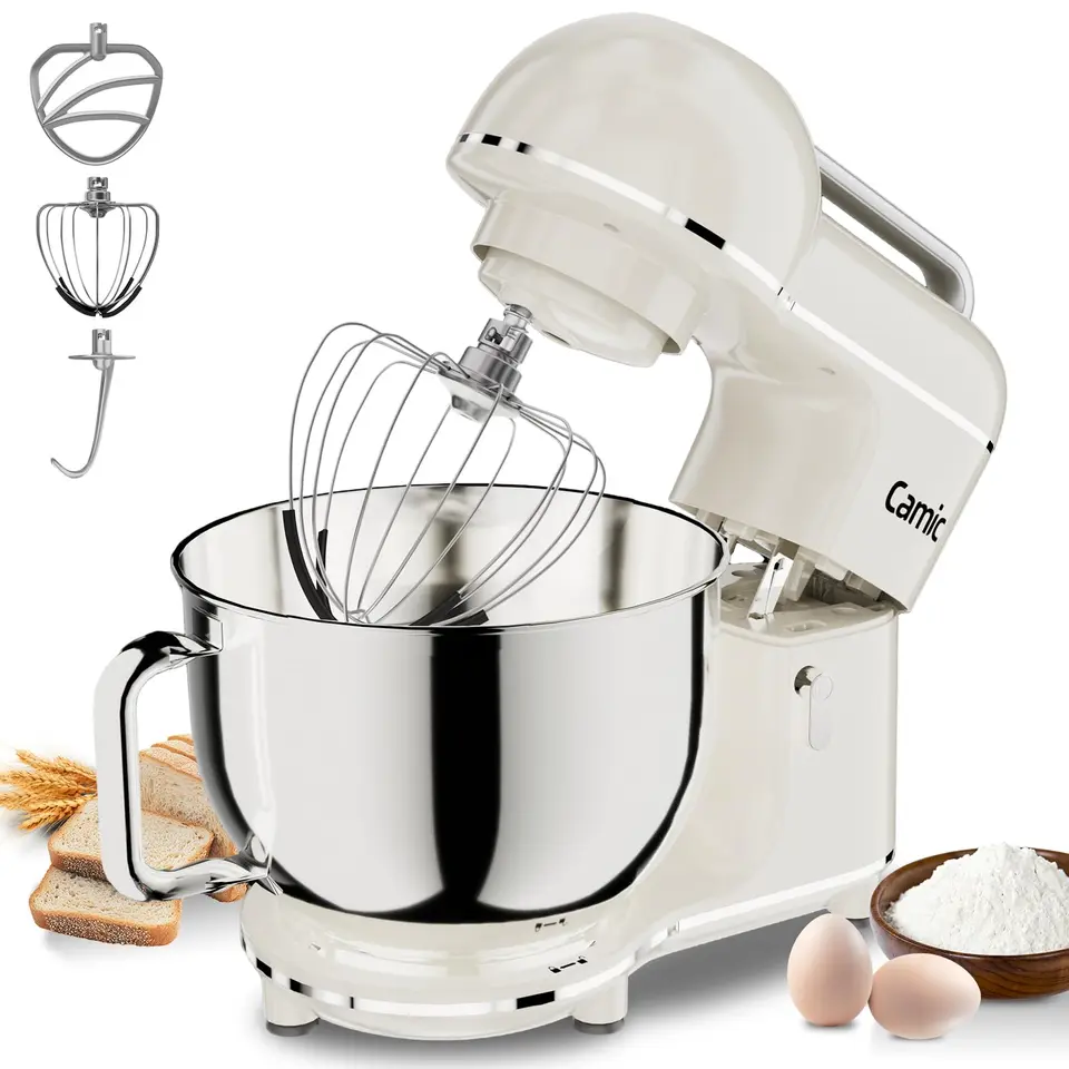 Camic Küchenmaschine - 2000W - Teigmaschine mit 10 Stufen, Edelstahl-Schüssel (7L), Knet- und Rührhaken, Spritzschutz