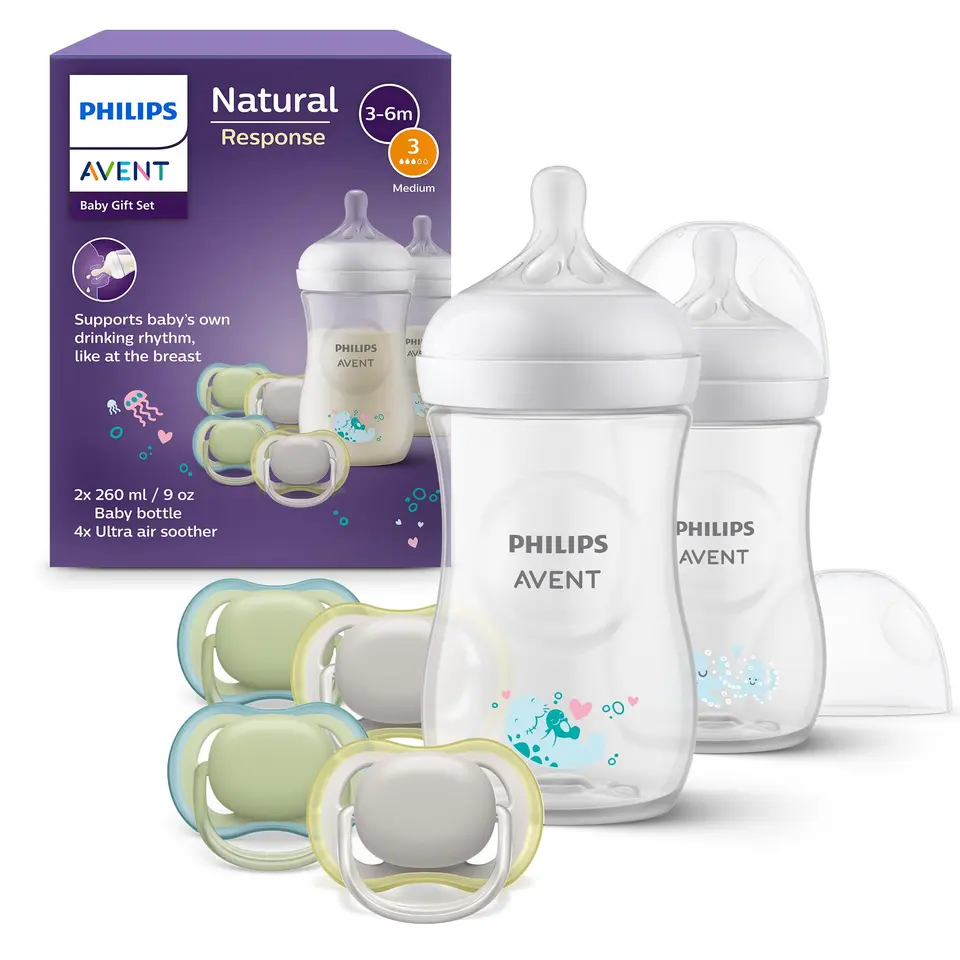 AVENT Natural Response Geschenkset für Babys: 2x Flaschen 260 ml (ab 1 Monat), 4x Schnuller (0-6M) (Modell SCD837/13)
