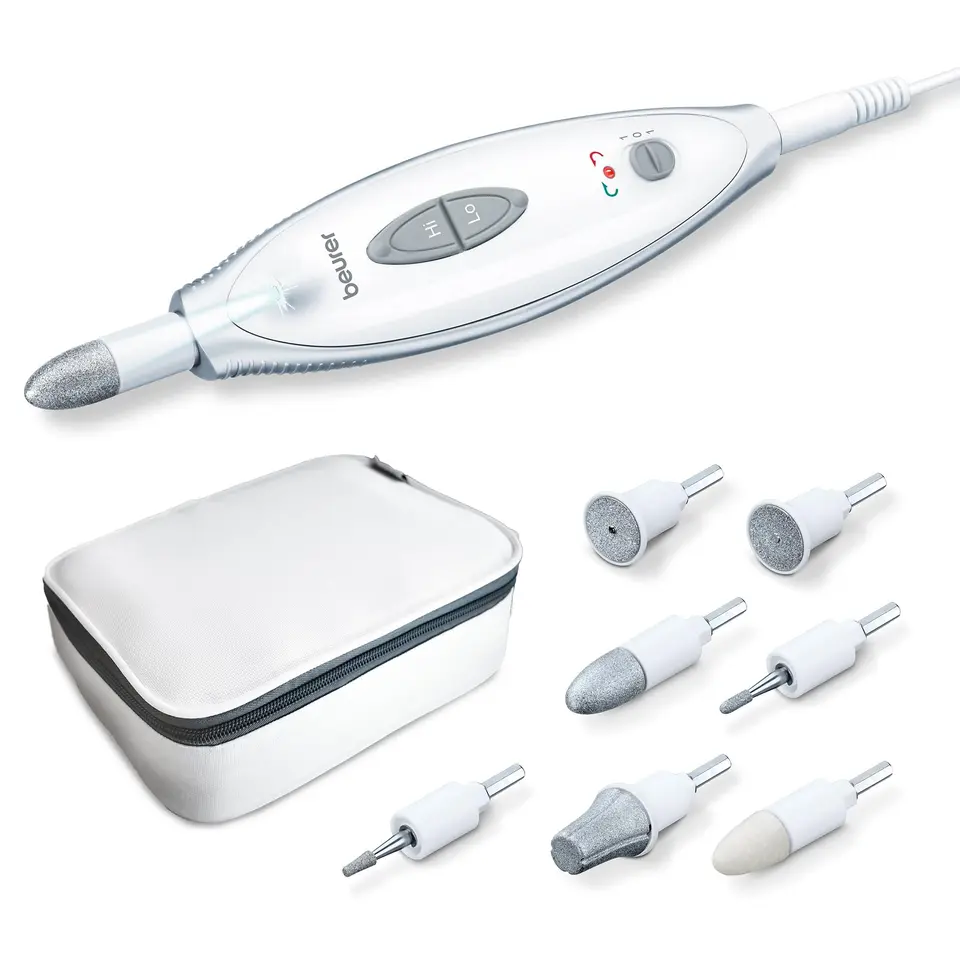 Beurer MP 41 Maniküre- und Pediküre-Set mit 7 Aufsätzen, LED-Licht, Aufbewahrungstasche, für gepflegte Nägel an Händen und Füßen, Weiß