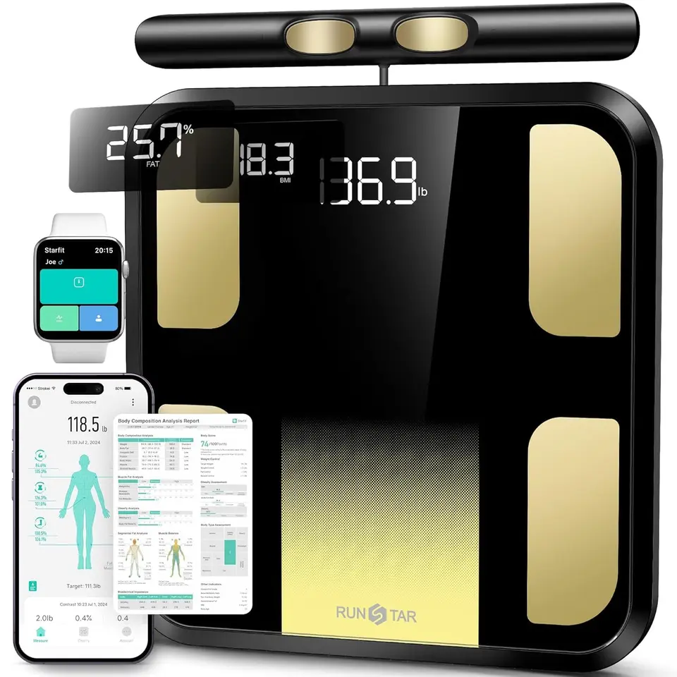 RunSTAR Körperfettwaage, digitale Personenwaage mit 8 Elektroden, 180kg, BMI, Muskelmasse, 28 Körpermaße, App, 3-Metrik