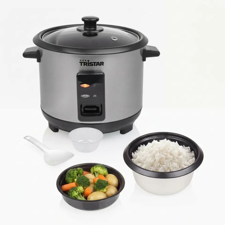 Tristar Reiskocher mit 1 L Kapazität für bis zu 5 Portionen, Edelstahl, Antihaft-Innentopf, Dampfeinsatz, Warmhaltefunktion, 400 W