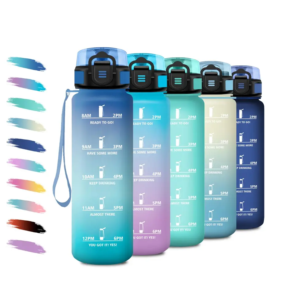 Trinkflasche 1L, Wasserflasche mit Zeiteinstellung, auslaufsicher, geeignet für Sport, Camping, Fahrrad & Büro