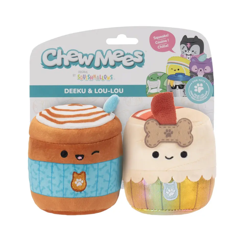 Squishmallows Chew Mees JPT1488 Deeku Pup Latte + Lou-Lou Bacon Cupcake Hundespielzeug 2er-Pack – 9 cm – nur von Original