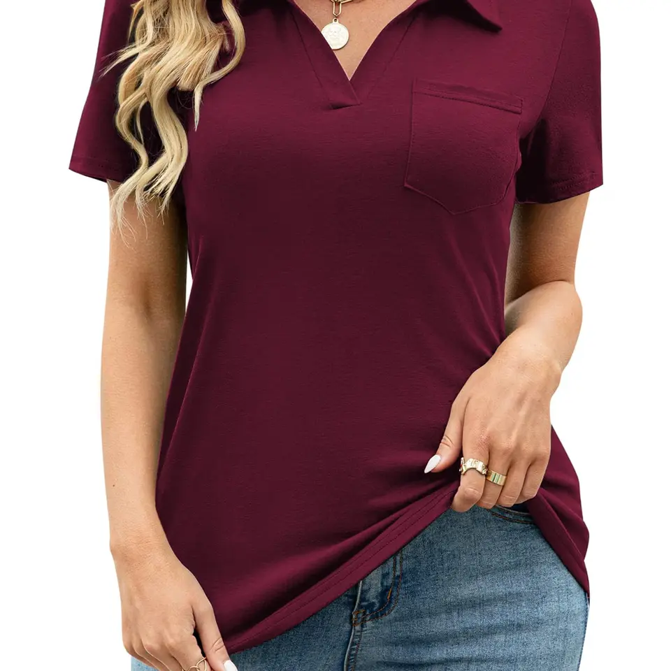 Tanmolo Damen Bluse Elegant V-Ausschnitt Polo T-Shirt Kurzarm Baumwolle Damen-Oberteile Weinrot, S