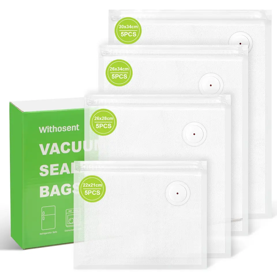 Withosent 20 Stück Vakuumbeutel, wiederverwendbar, 4 Größen, BPA frei, für Sous vide, 3D Drucker & Lagerung mit Ventil