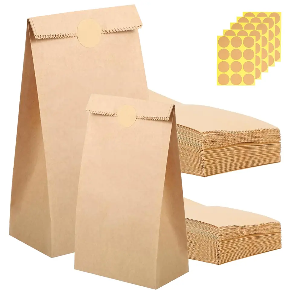 XINOUKJ 50 kleine Geschenktüten, braun, 2 Größen (9×18×5,5 cm & 12×21×7 cm) mit Aufklebern, perfekt für Weihnachten, Hochzeit & DIY