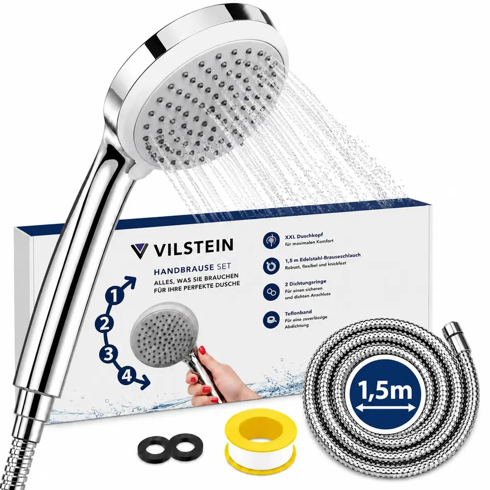 VILSTEIN® Duschkopf mit Schlauch 1,5m – Handbrause mit 4 Strahlarten &amp; Verdrehschutz – Edelstahl Brauseschlauch – G1/2 Universalanschluss – Silikon-Düsen kalkresistent