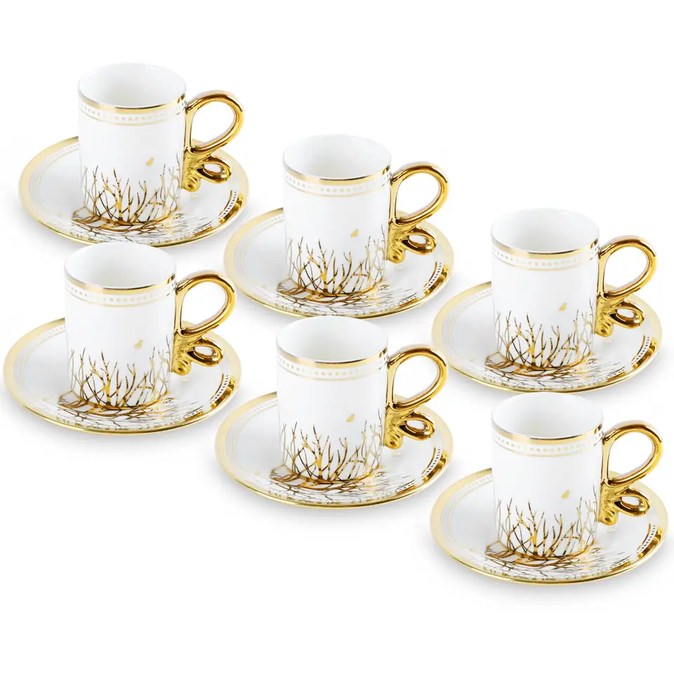 Türkisches Kaffeetassen-Set, 12-teilig, einschließlich 6 Espressotassen & 6 Untertassen, Porzellan, Weißgold