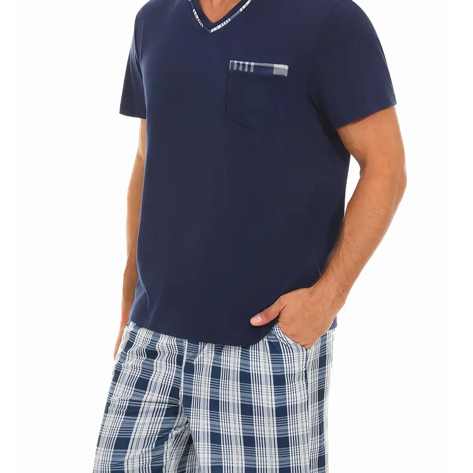 Demegimi Herren Schlafanzug Kurz Baumwolle Sommer Pyjama Set V-Ausschnitt mit T-Shirt und Karierter Schlafhose, Marineblau, XL
