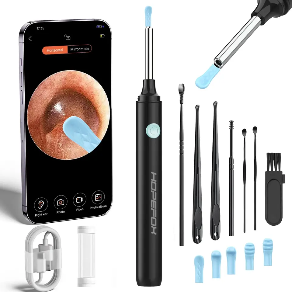 Hopefox Ohrenschmalz Entferner Ohrenreiniger mit Kamera, 1080P HD, WiFi, 6 LEDs, für Baby, Kinder & Erwachsene, schwarz