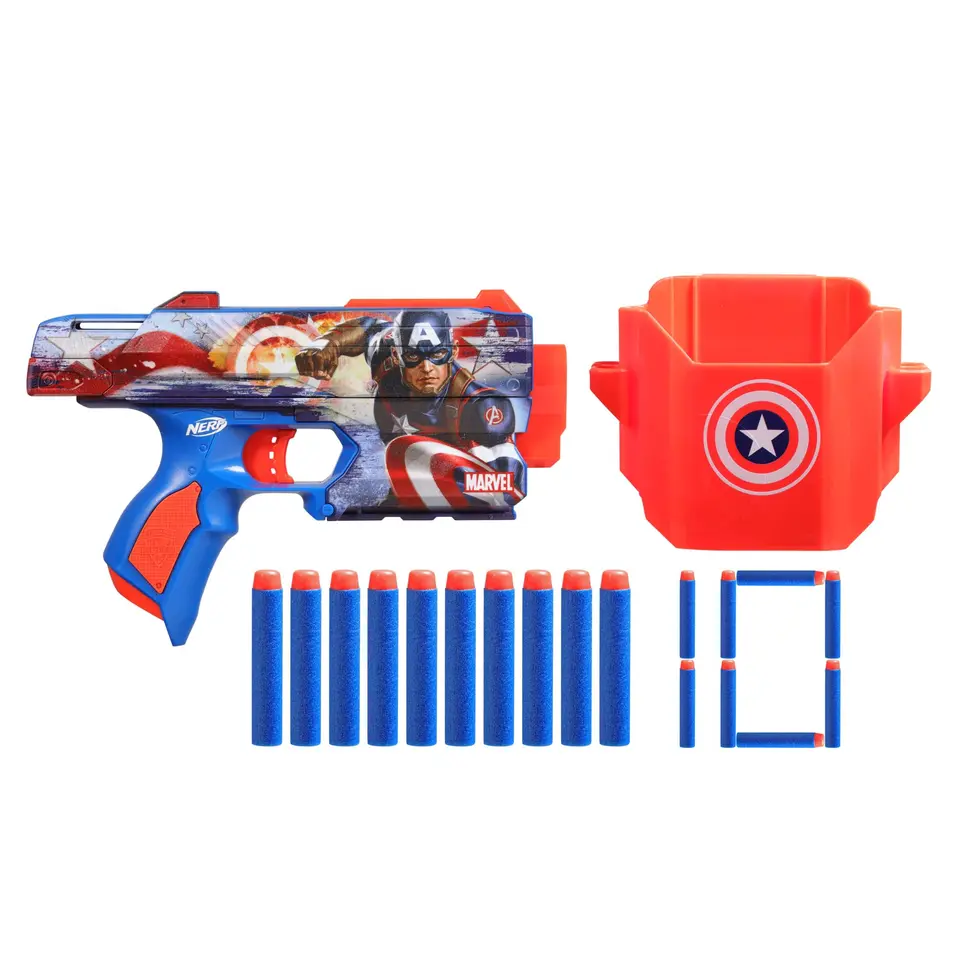 Nerf Marvel Captain America Dart-Blaster mit 10 Nerf Elite Schaumstoff-Darts & Holster – Outdoor-Spielzeug mit Abschuss & Spannschlitten