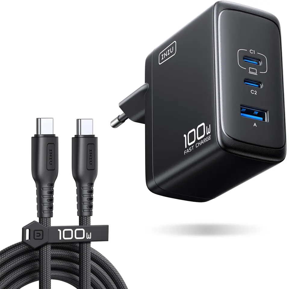 INIU USB C Ladegerät, 100W, 3-Port Laptop Schnellladegerät mit 1.5m Kabel