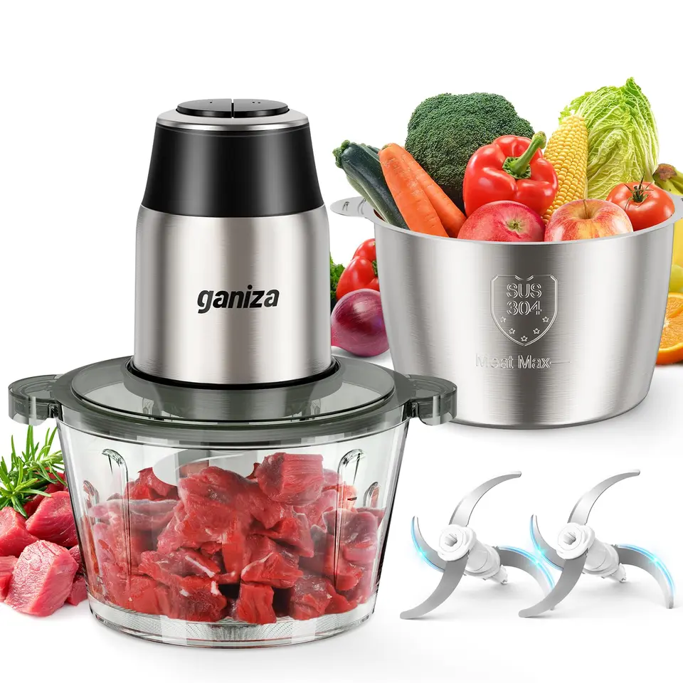 Ganiza Zerkleinerer Küche Elektrisch, Food Processor, Fleischwolf mit 2 Schüsseln (1.8L+1.8L), 2 Klingen, 2 Geschwindigkeitsstufen, für Fleisch, Gemüse, Nüsse