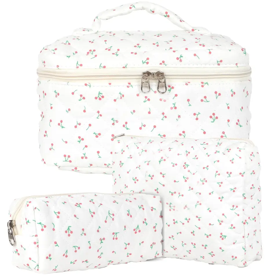 3er Set Damen Reise-Kosmetiktaschen mit Blumenmuster, Baumwoll-Beauty Bags, Make-up & Schminktaschen