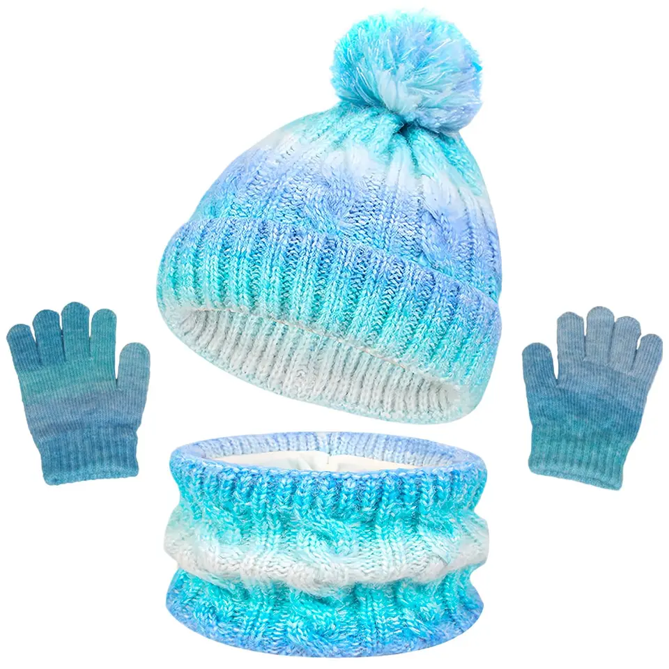GWAWG Kinder Wintermütze, Schal & Handschuhe Set, 3-in-1, blau, für 3–10 Jahre, mit Bommel, Fleecefutter