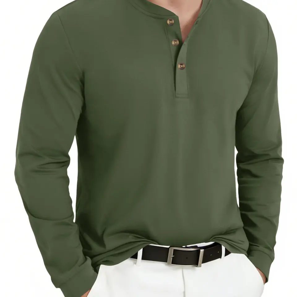 KEFITEVD Henley T-Shirt Herren Longsleeve Baumwolle, Regular Passform, Langarm Shirt, Winter Grün, M