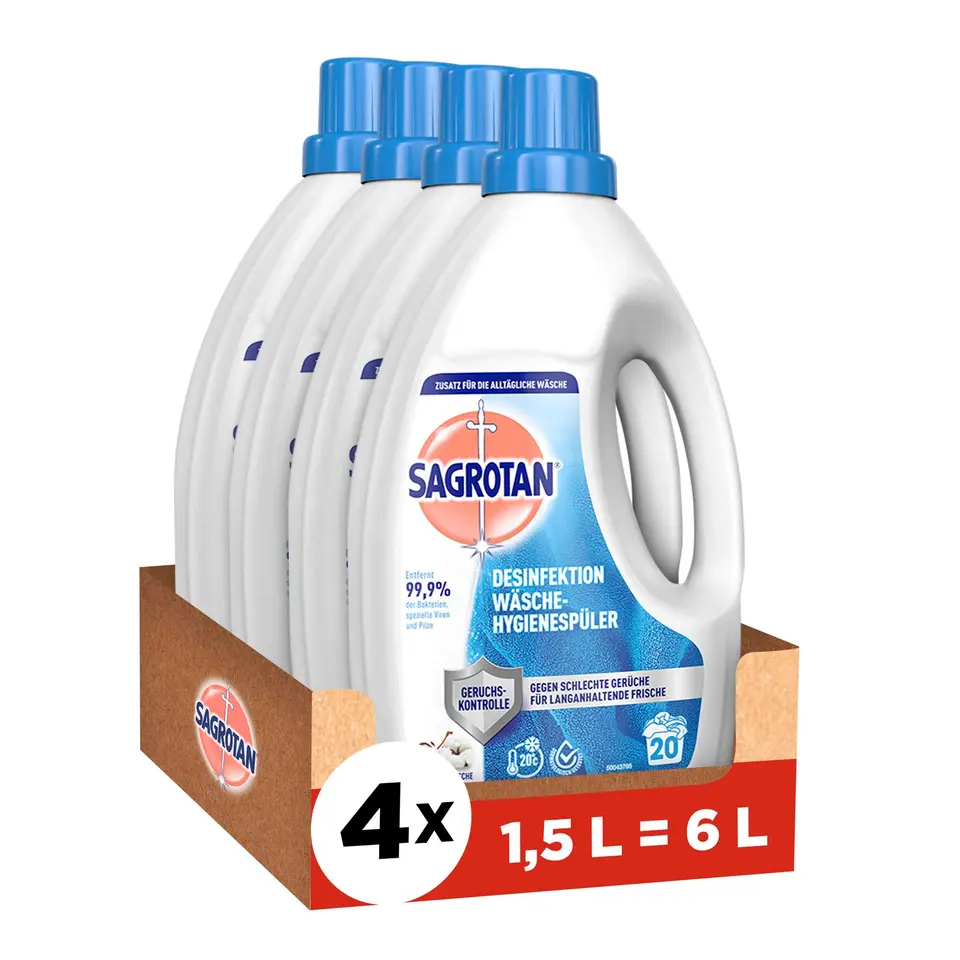 Sagrotan Wäsche-Hygienespüler Himmelsfrische – Desinfektionsspüler für hygienisch saubere Wäsche – 4 x 1,5 l Vorteilspack