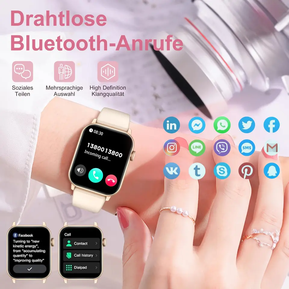 Smartwatch Damen & Herren, 1.85" HD Fitnessuhr mit Telefonfunktion, 110+ Sportmodi, IP68, Herzfrequenz, SpO₂, Schrittzähler & Schlafmonitor