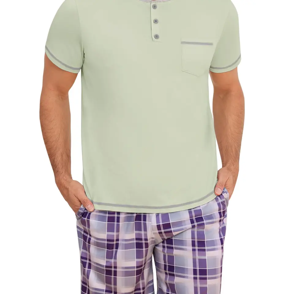 Uniexcosm Schlafanzug Herren kurz aus Baumwolle, Sommer-Pyjama Zweiteiler mit Kurzarm, Rundhals, Knöpfen und karierten Shorts, B-Beige, L