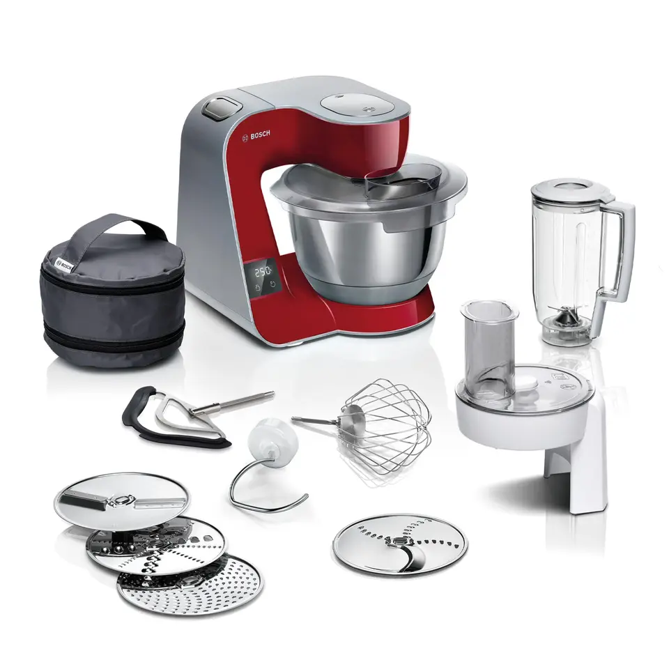 Bosch Küchenmaschine MUM5X720, Edelstahl-Schüssel 3,9L, Mixer 1,25L, Profi-Knethaken, 1000 W, Silber/Dunkelrot