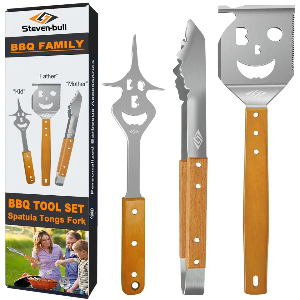 Steven-BULL S Grillbesteck-Set 3-TLG. mit Edelstahl, Holzgriffen und Aufhänge-Ösen