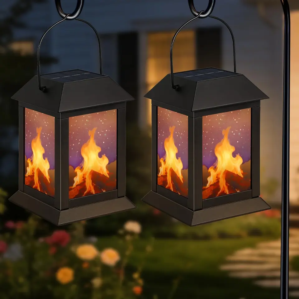 OUTONLIFE 2er-Pack solarbetriebene wasserdichte Gartenlaternen mit Flammen-Design, USB/Solar, Hänge- und Wegeleuchten