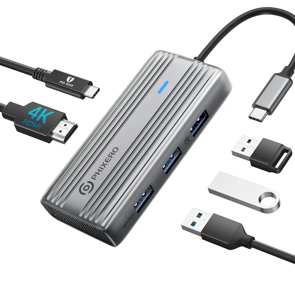 PHIXERO USB-C Hub Multiport Adapter, 4K HDMI, 5-in-1, 60 W PD, USB 3.0 & 2x USB 2.0, kompatibel mit MacBook Pro/Air, iPad Pro, Laptop