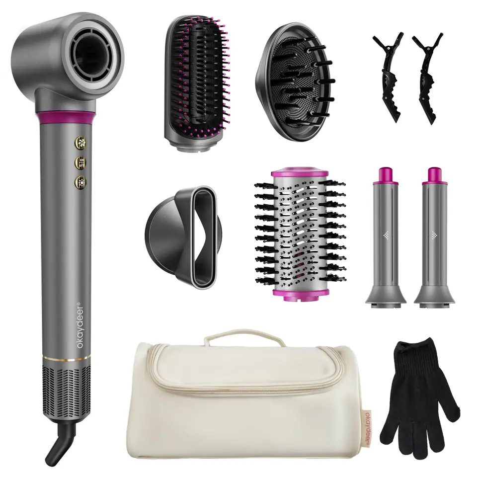 7-in-1 Hairstyler Set mit Haartrockner, Lockenstab, Glätteisen, Volumenbürste, Diffusor und Warmluftbürste – Grau