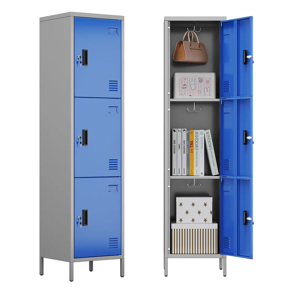 Metallschrank 3-türig mit Lüftungsöffnungen, Visitenkartenhalter, 168x40x40 cm, Grau/Blau – Für Schule, Büro & Zuhause