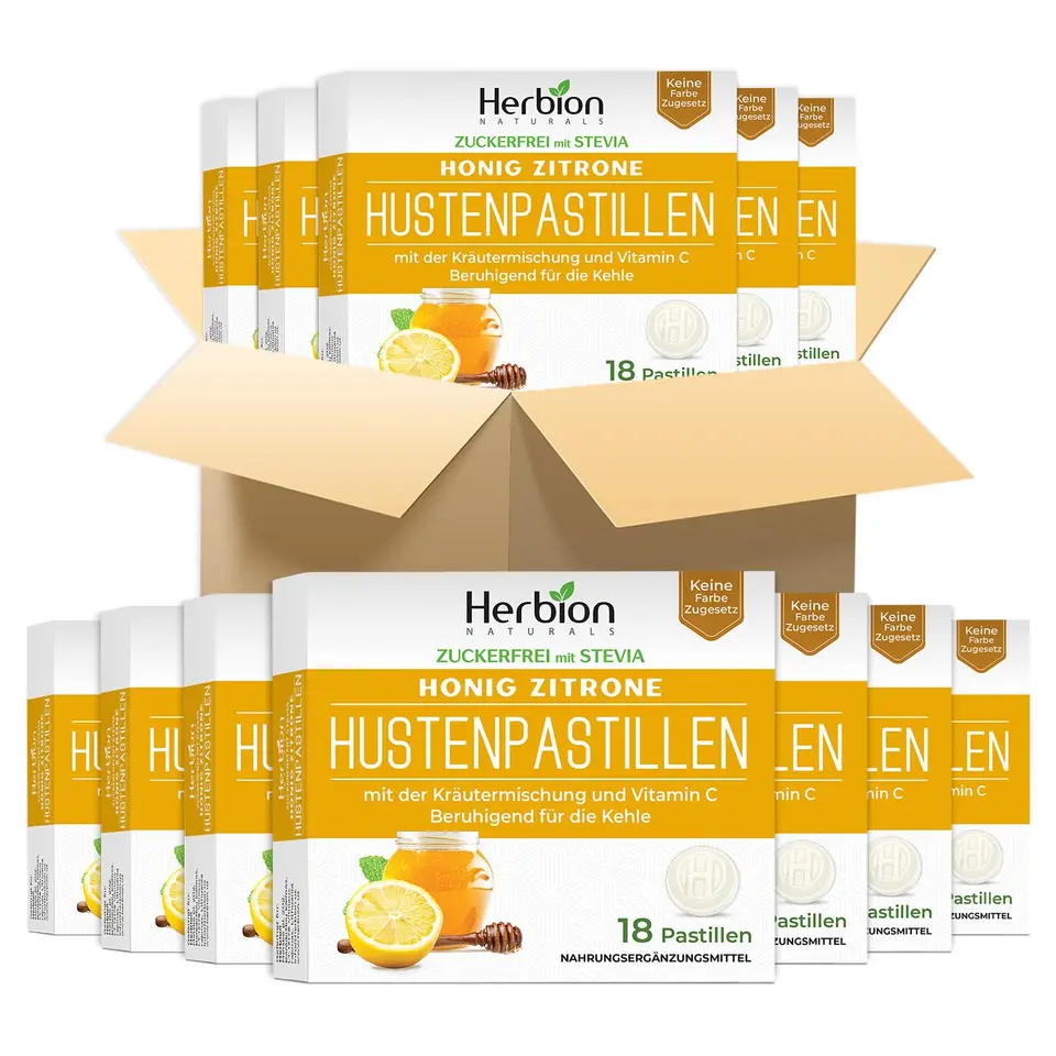 Herbion Naturals Hustenbonbons mit Honig-Zitronen-Geschmack, zuckerfrei mit Stevia, 18 Lutschtabletten