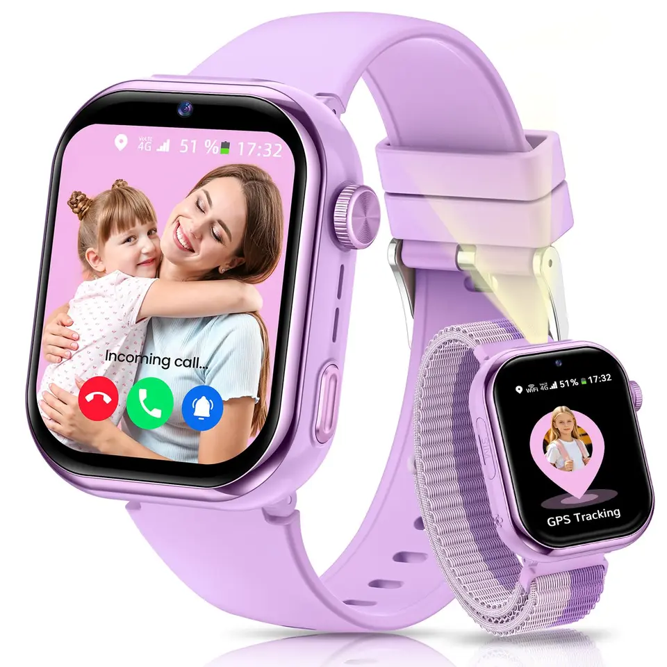 AIMIUVEI Smartwatch Kinder mit GPS, Telefon, SIM, Videoanrufen, SOS, Lila