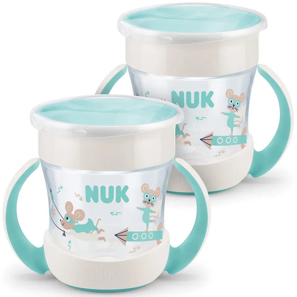 NUK Mini Magic Cup Trinklernbecher 2 Stück, auslaufsicherer 360°-Trinkrand, ab 6 Monaten, mit praktischen Griffen, 160 ml