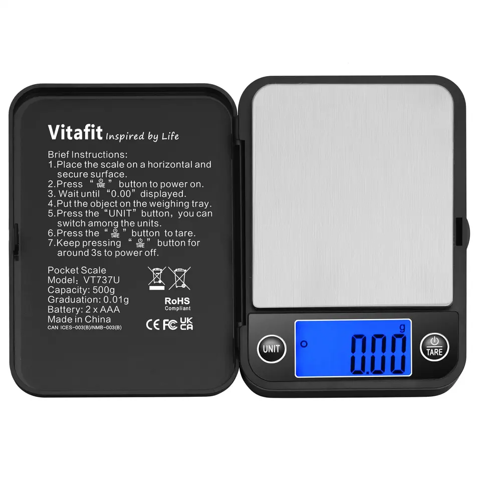 Vitafit 500g/0,01g Digitale Taschenwaage mit LCD-Anzeige, Feinwaage, Goldwaage, Münzwaage, Schmuckwaage, Schwarz