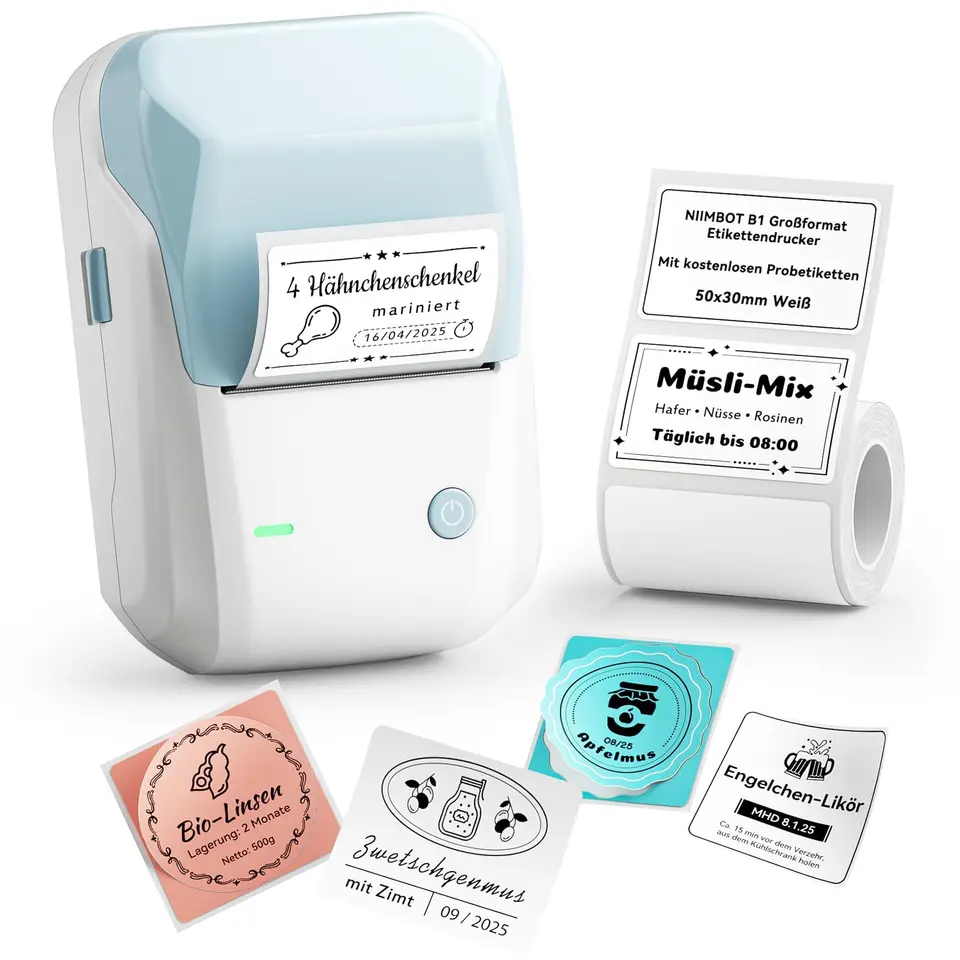 NIIMBOT B1 Etikettendrucker mit wasserfesten, selbstklebenden Labels, tragbarer Bluetooth-Label Printer für Schule, Barcode, Logo, Adresse, Blau