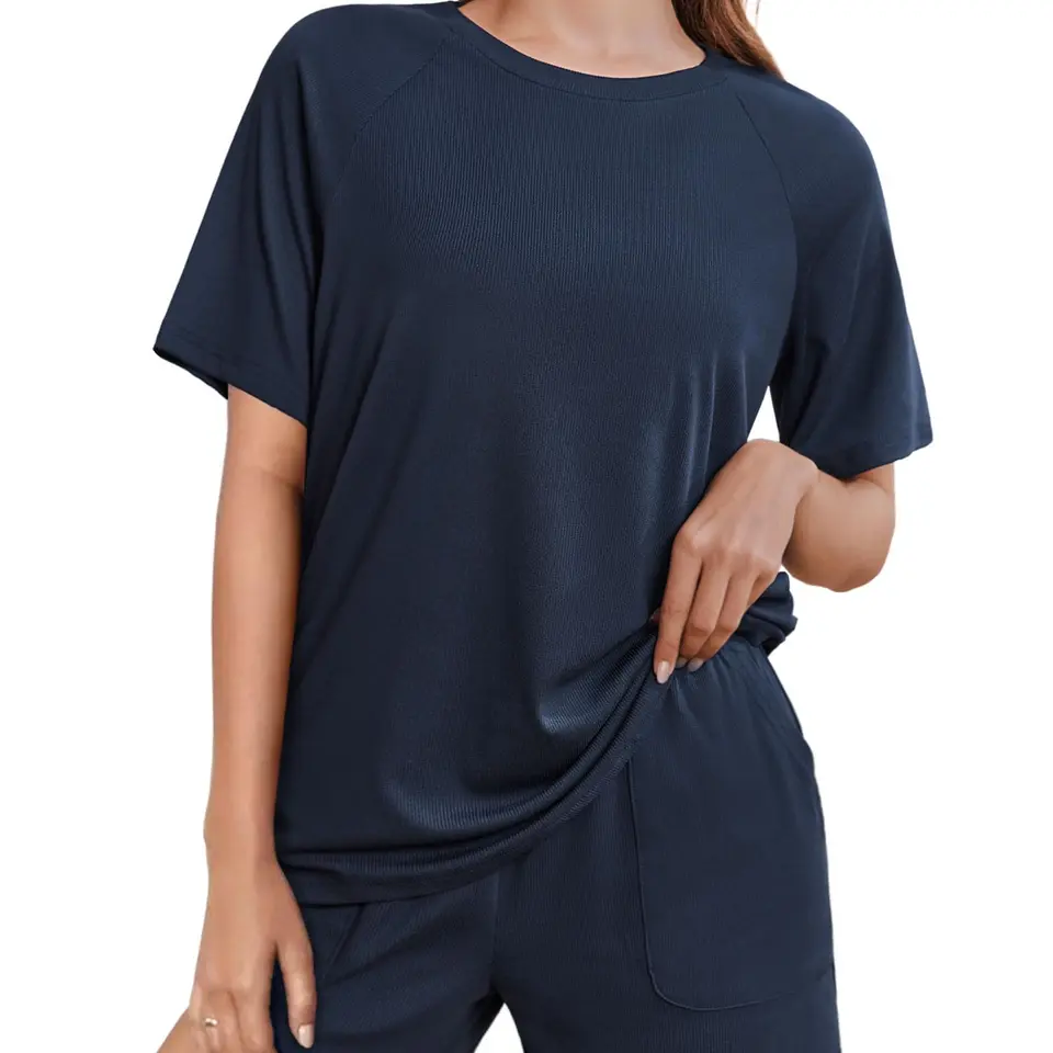 Ekouaer Damen Kurz-Pyjama-Set Sommer Nachtwäsche Shorty, Kurzarm, Rundhals, Marineblau, M