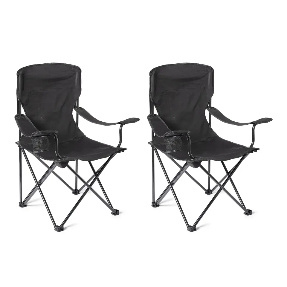 Amazon Basics Campingstuhl mit Getränkehalter, klappbar, stabiles Stahlgestell, wasserfest, 72,5x52,5x93,2cm, Schwarz, 2er Pack