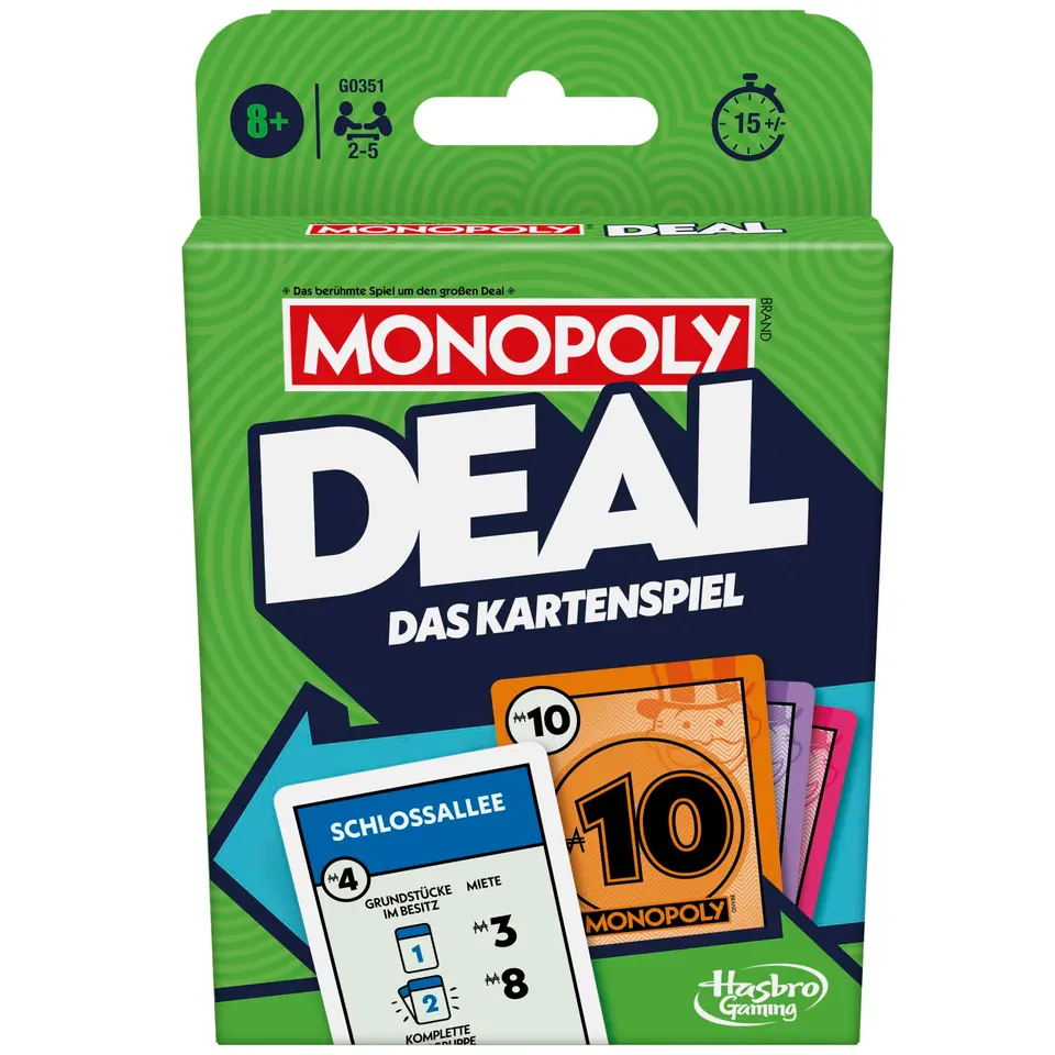 Monopoly Deal Kartenspiel, schnelles Strategiespiel für Erwachsene und Kinder, ideal für unterwegs, Geschenk oder Wichteln