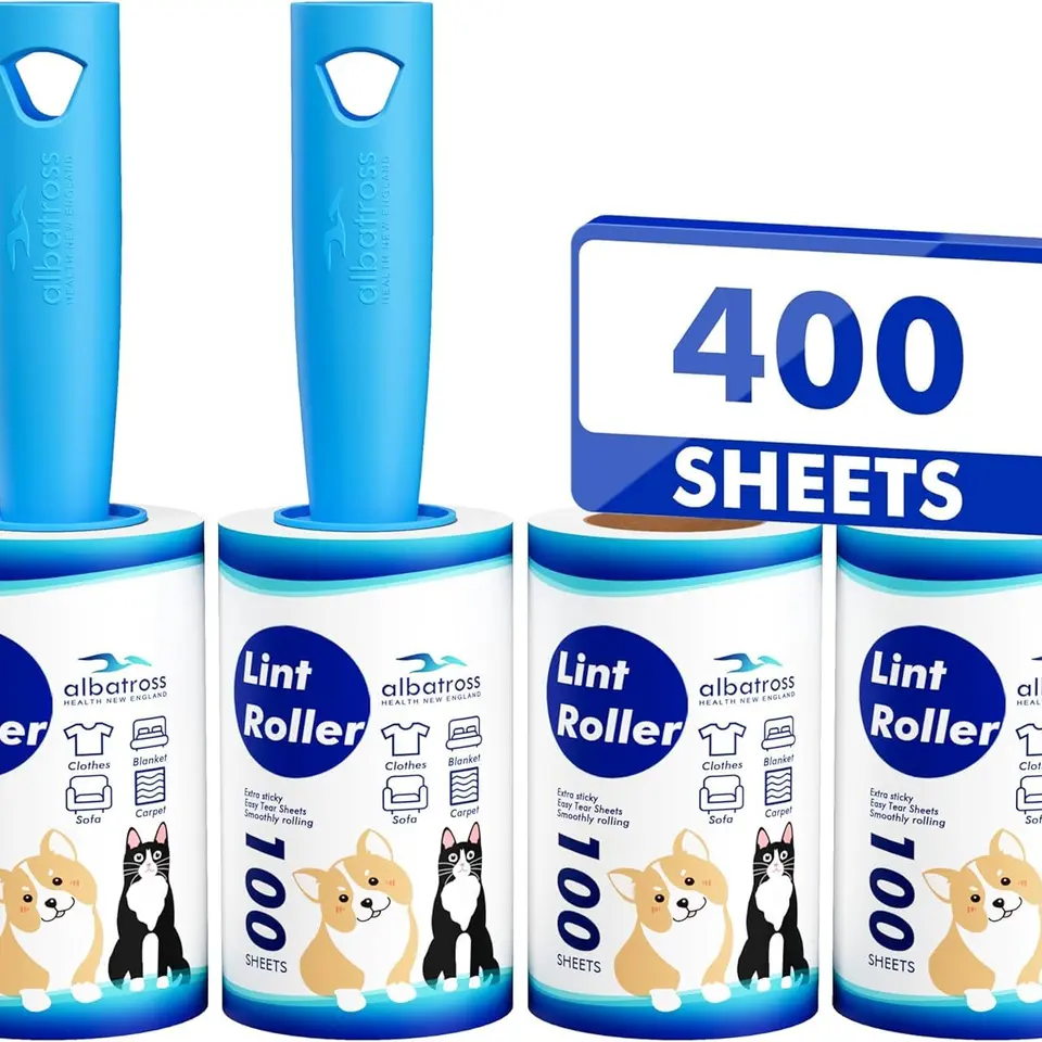 Fusselrolle Tierhaare Ultra Klebrig mit 2 Griffen + 4 Rollen, wiederverwendbar für Kleidung, Möbel & Teppiche