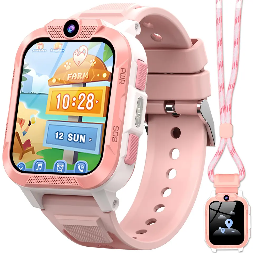 IOWODO Kinder-Smartwatch mit GPS, 4G-Telefon, 7-Tage Akku, SOS-Notruf, Sprachanruf, IP68 wasserdicht, rosa