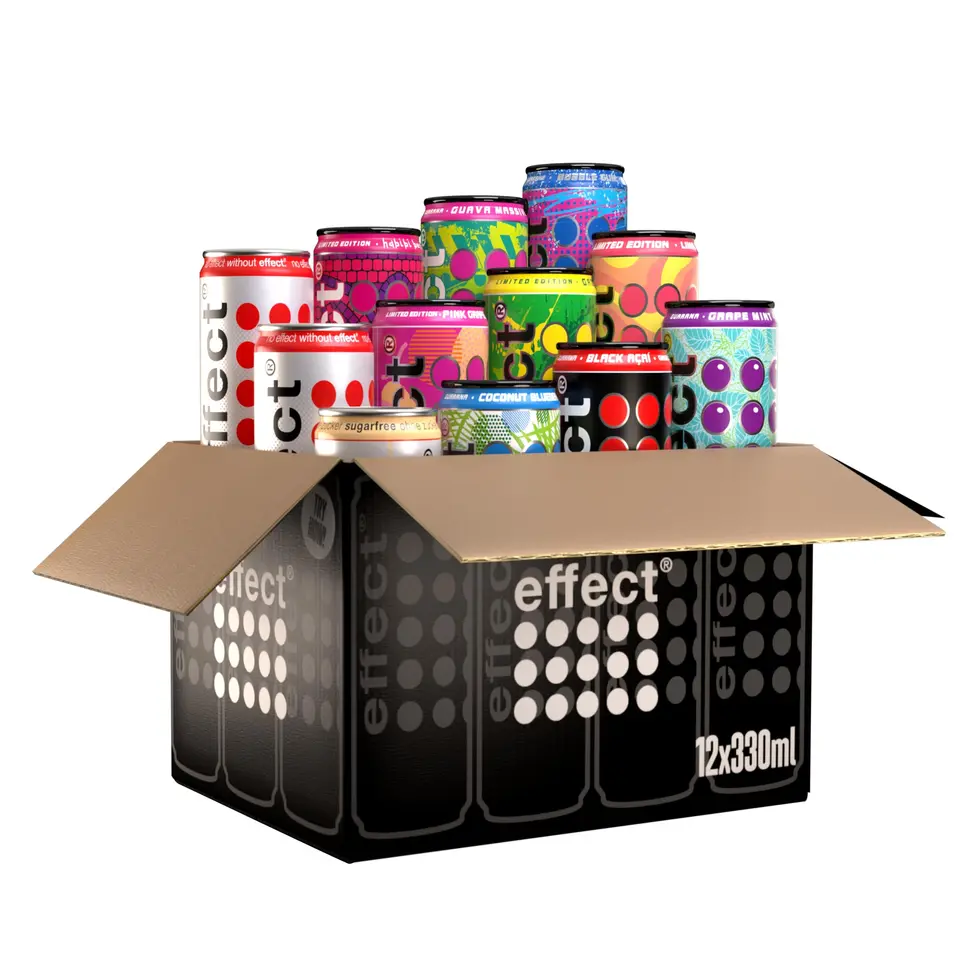 effect Probierpaket Energy Drink – 12 x 330 ml Dosen – alle Sorten in einer Box – koffeinhaltiges, fruchtiges und veganes Erfrischungsgetränk