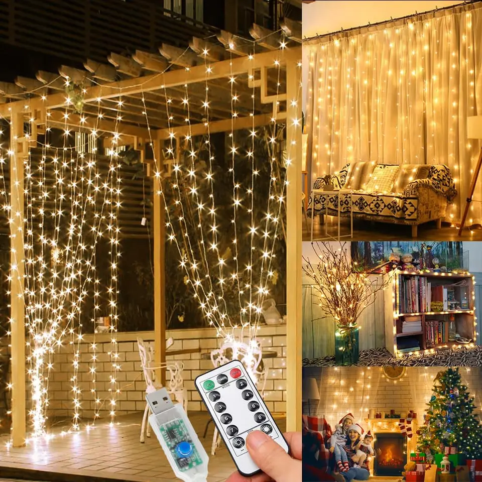 WEARXI 3×3m LED Lichterkette mit 300 LEDs, 8 Modi, warmweiß, für Innen & Außen, Party, Balkon & Weihnachten, deko