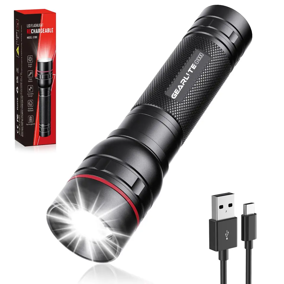 GEARLITE Zoombare LED-Taschenlampe, aufladbar, 2000 Lumen, Schwarz, 1 Stück