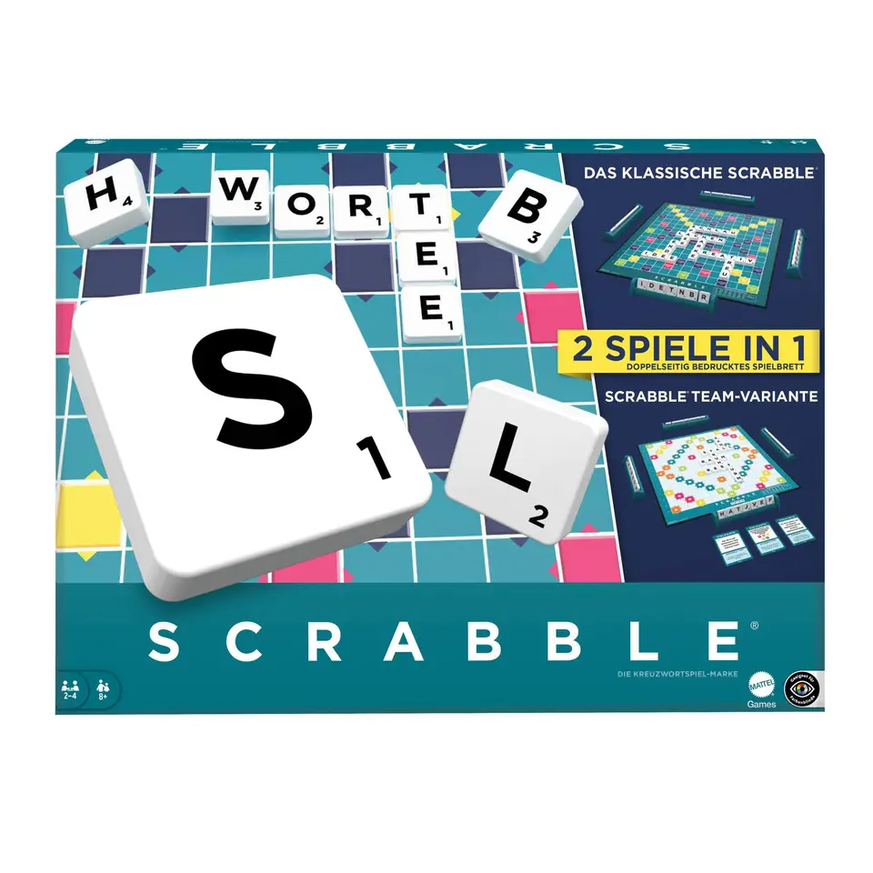 MATTEL GAMES Scrabble Zwei in Eins – Doppelseitiges Brettspiel mit 50 Zielkarten, geeignet für schnelles, kooperatives Spielen, einfache Punktevergabe