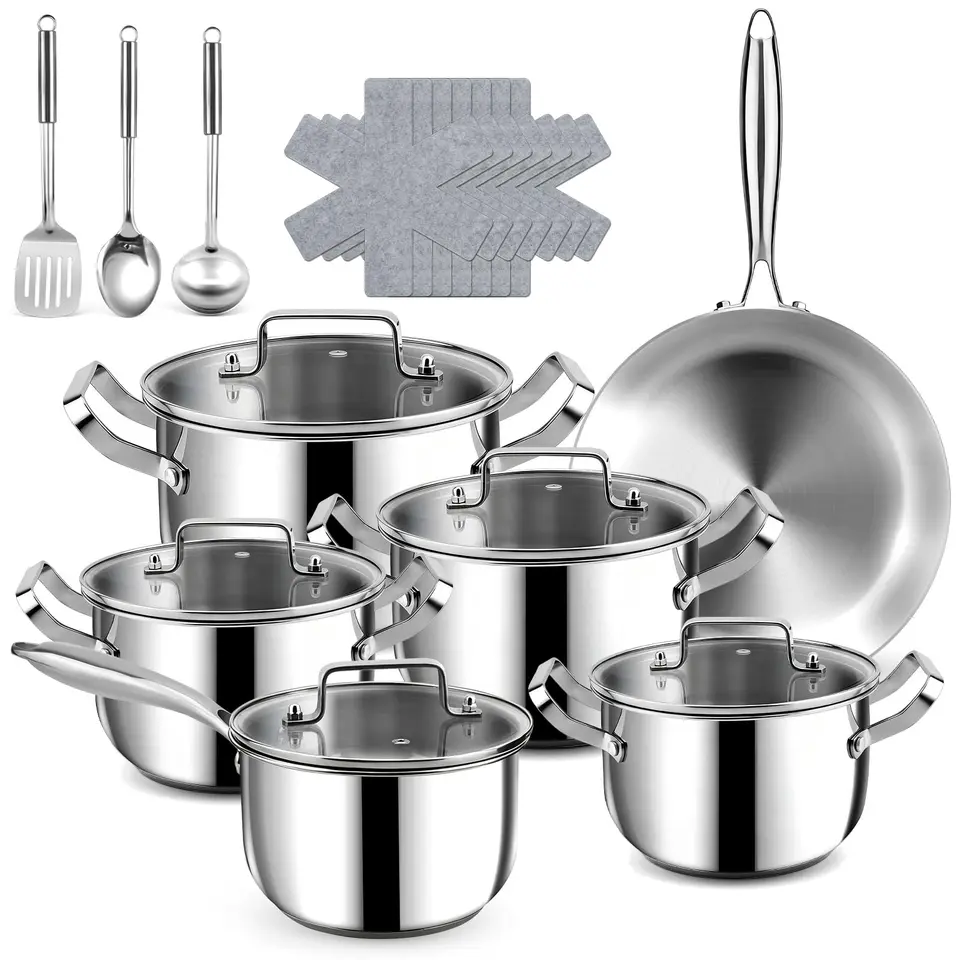 Edelstahl Topfset -3-lagig, 30 cm Bratpfannen & Deckeltöpfe (18/20/22/26 cm) mit Dampfgarer, 21-teilig, Backofenfest, induktionstauglich