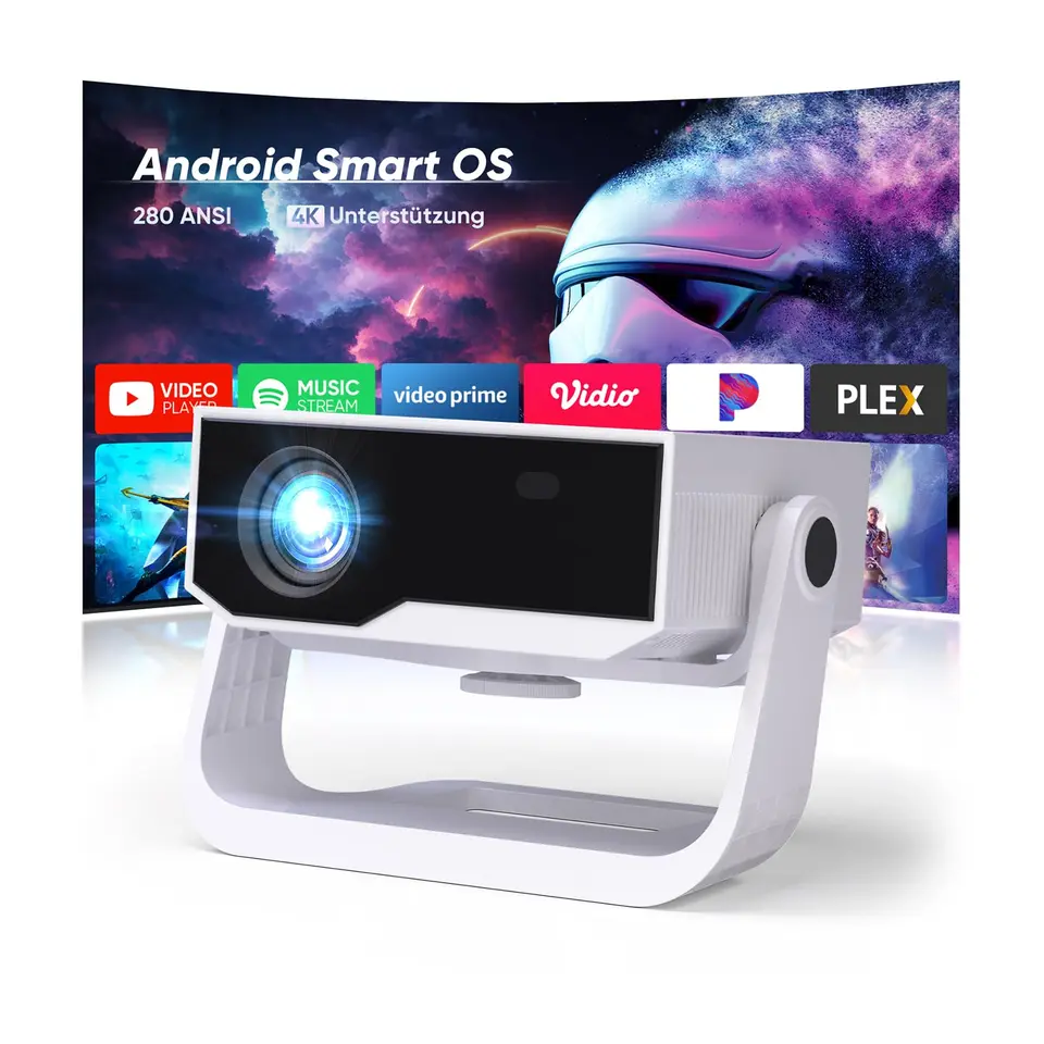 Wielio Upgrade Smart Beamer, App-Unterstützung, 4K, WLAN & Bluetooth, 120° verstellbarer Ständer, vertikale Trapezkorrektur, elektronischer Fokus, Heimkino Projektor für Handy/PC