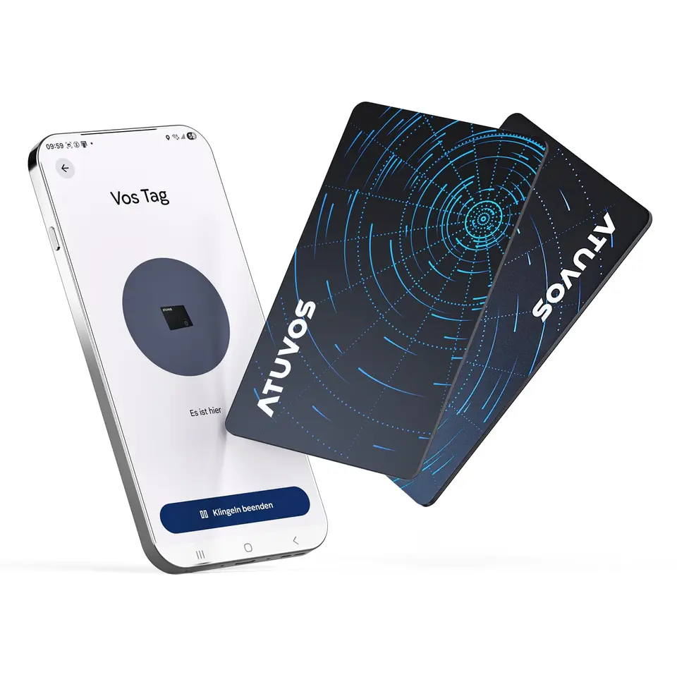 ATUVOS Dual-System Air Tag Karte Pro - Wallet Tracker, kompatibel mit Android & iOS, Wiederaufladbar, 2er Pack, dünn 1.6mm