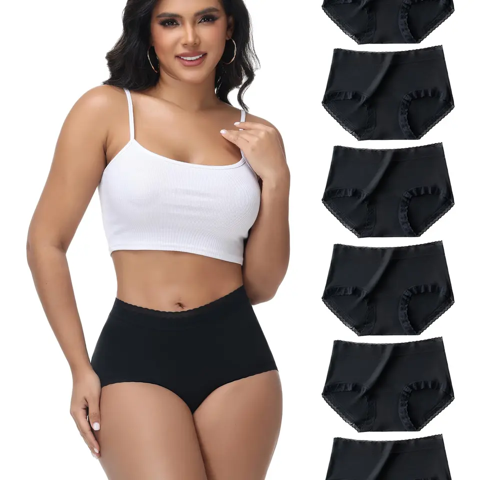 bropapa Damen Unterhosen aus Baumwolle, hoher Taille, atmungsaktiv, elastisch, bequem, mit Spitze, 6er Pack (Schwarz)