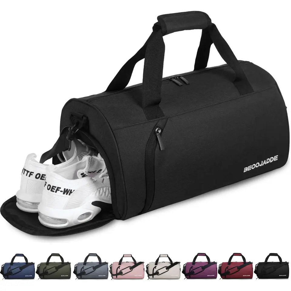 BECOJADDE Sporttaschen für Damen und Herren, 25L Reisetasche, Wasserdichte Duffel Bag mit Schuh- und Nassfach, Schwarz