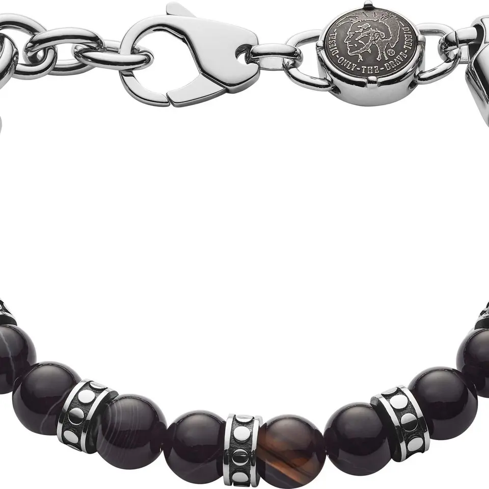 Diesel Armband für Männer mit schwarzen Halbedelstein-Perlen, 18–19,5 cm